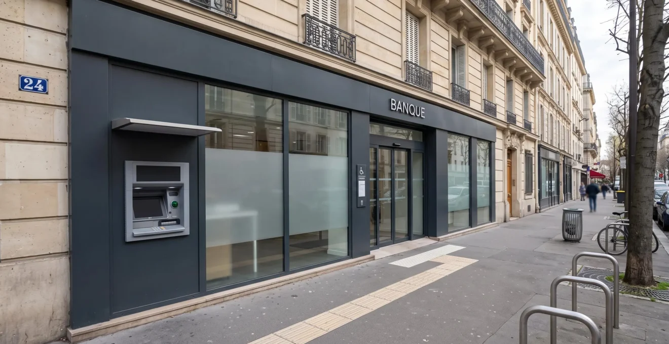 Entrée d'une agence bancaire de quartier avec accès piéton et distributeur extérieur.