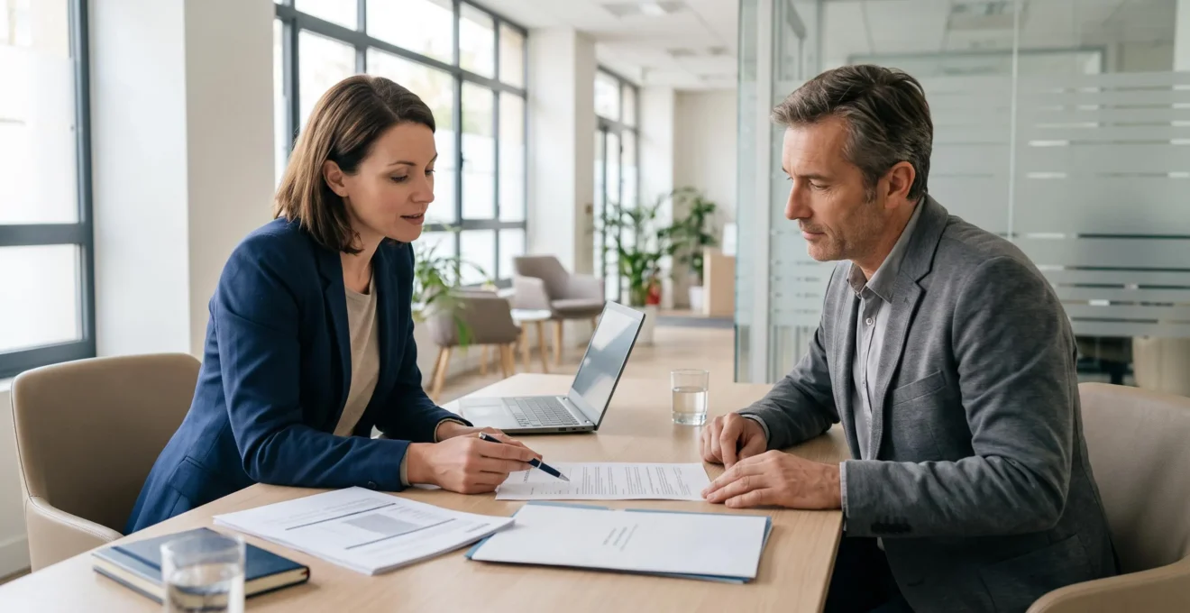Entretien bancaire en agence entre un conseiller et un client examinant des documents.